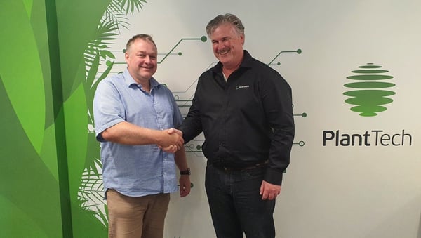 Dr Mark Begbie, CEO of PlantTech (left), celebrates with Radfords CEO Adam Cuming