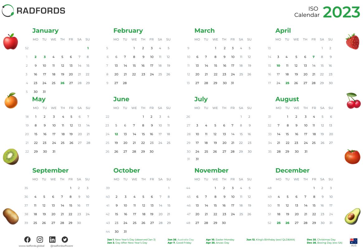 Radfords 2023 ISO Calendars Australia, Japan, USA, Korea, Italy and